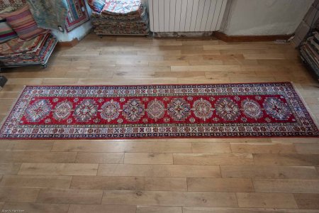 Hand-Knotted Kazak Runner From Afghanistan