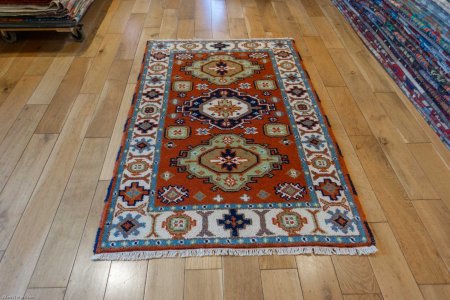 Hand-Knotted Indo Kazak Rug From India