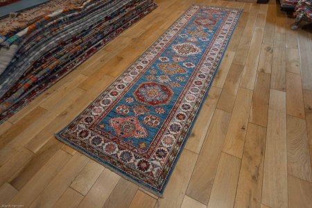 Hand-Knotted Kazak Runner From Afghanistan