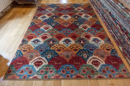 Hand-Knotted Fine Ikat Rug From Afghanistan