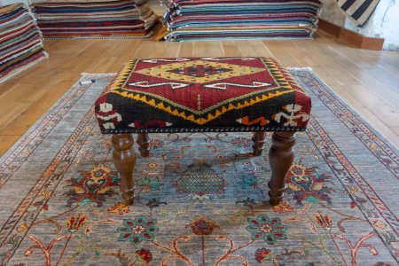 Hand-Made Anatolian Kilim Footstool From Turkey