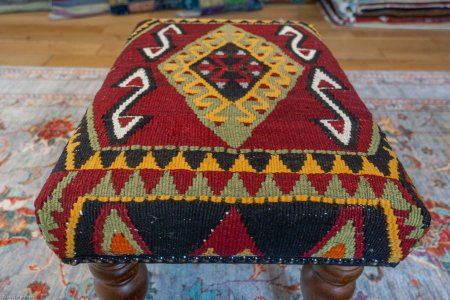 Hand-Made Anatolian Kilim Footstool From Turkey