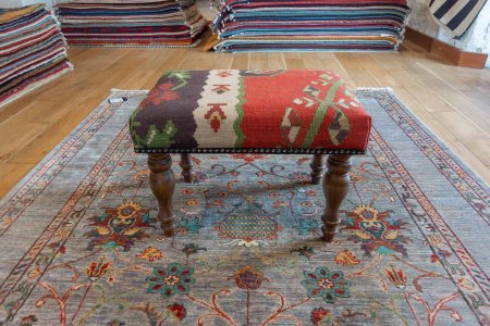 Hand-Made Anatolian Kilim Footstool From Turkey