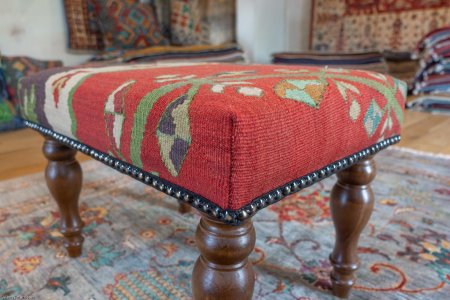 Hand-Made Anatolian Kilim Footstool From Turkey