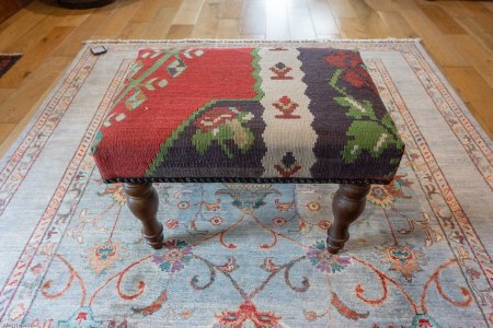 Hand-Made Anatolian Kilim Footstool From Turkey