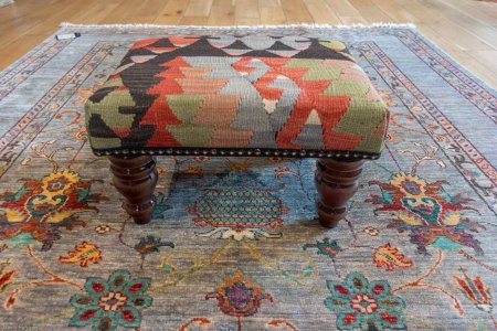 Hand-Made Anatolian Kilim Footstool From Turkey