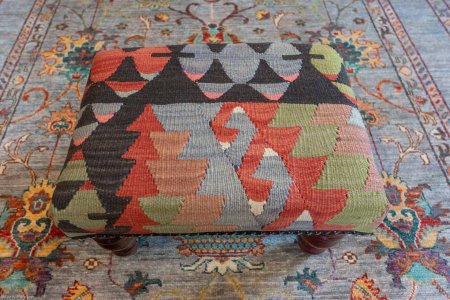 Hand-Made Anatolian Kilim Footstool From Turkey