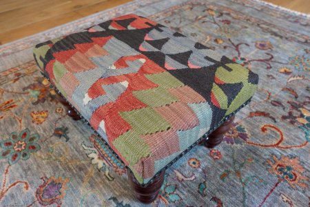 Hand-Made Anatolian Kilim Footstool From Turkey