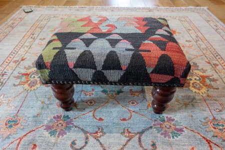 Hand-Made Anatolian Kilim Footstool From Turkey