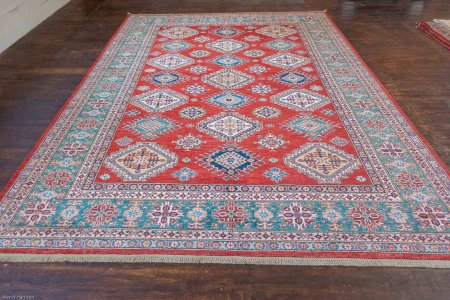 Hand-Knotted Fine Kazak Rug From Afghanistan