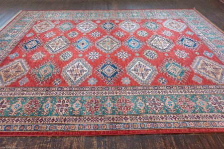 Hand-Knotted Fine Kazak Rug From Afghanistan