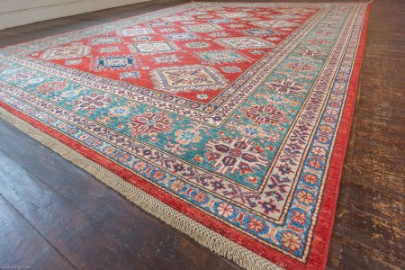 Hand-Knotted Fine Kazak Rug From Afghanistan