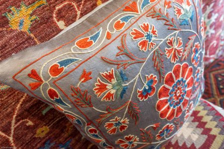 Hand-Made Sozani Silk Embroidered Cushion From Turkey