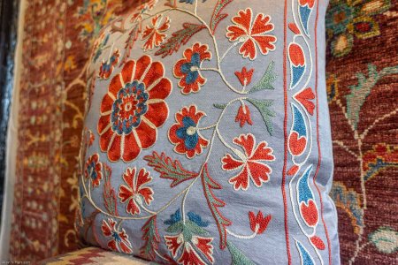 Hand-Made Sozani Silk Embroidered Cushion From Turkey