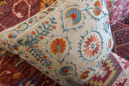 Hand-Made Sozani Silk Embroidered Cushion From Turkey