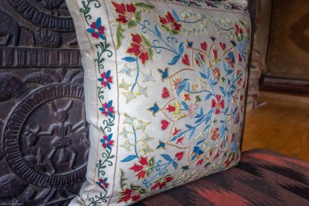Hand-Made Sozani Silk Embroidered Cushion From Turkey