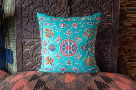 Hand-Made Sozani Silk Embroidered Cushion From Turkey