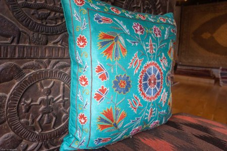 Hand-Made Sozani Silk Embroidered Cushion From Turkey