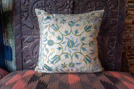 Hand-Made Sozani Silk Embroidered Cushion From Turkey