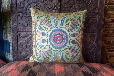 Hand-Made Sozani Silk Embroidered Cushion From Turkey