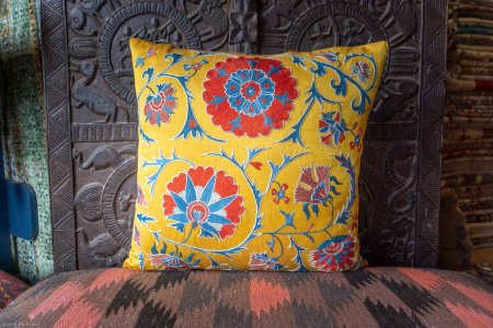 Hand-Made Sozani Silk Embroidered Cushion From Turkey