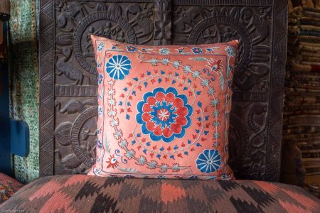 Hand-Made Sozani Silk Embroidered Cushion From Turkey