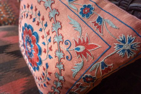 Hand-Made Sozani Silk Embroidered Cushion From Turkey