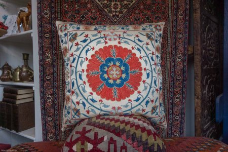 Hand-Made Sozani Silk Embroidered Cushion From Turkey