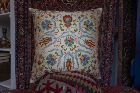 Hand-Made Sozani Silk Embroidered Cushion From Turkey