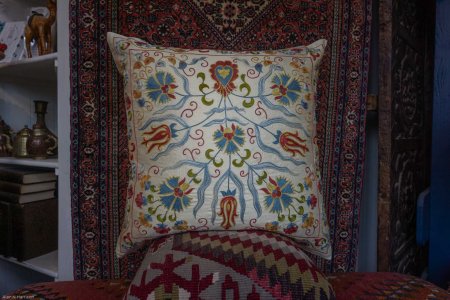 Hand-Made Sozani Silk Embroidered Cushion From Turkey