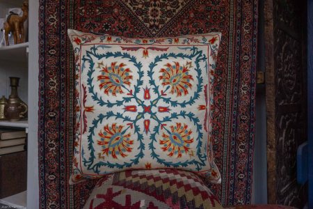 Hand-Made Sozani Silk Embroidered Cushion From Turkey