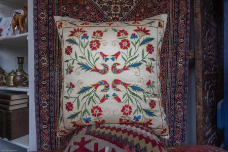 Hand-Made Sozani Silk Embroidered Cushion From Turkey