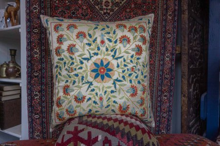 Hand-Made Sozani Silk Embroidered Cushion From Turkey
