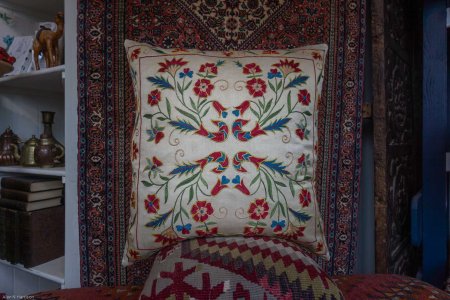 Hand-Made Sozani Silk Embroidered Cushion From Turkey