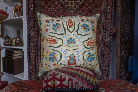 Hand-Made Sozani Silk Embroidered Cushion From Turkey