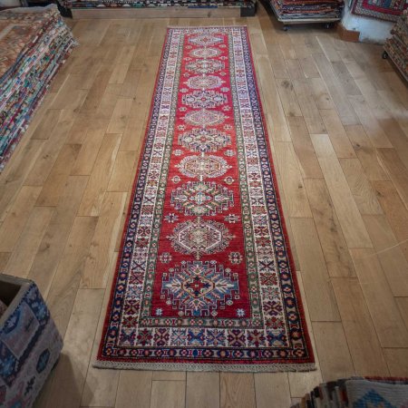 Hand-Knotted Kazak Runner From Afghanistan