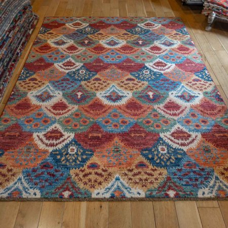 Hand-Knotted Fine Ikat Rug From Afghanistan