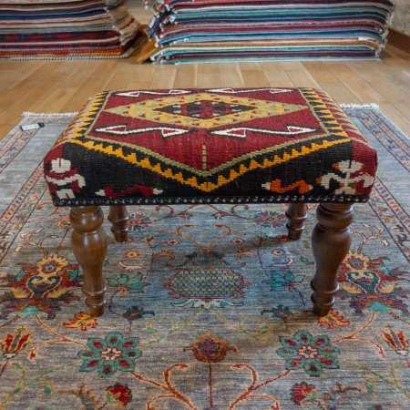 Hand-Made Anatolian Kilim Footstool From Turkey