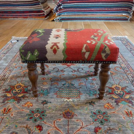 Hand-Made Anatolian Kilim Footstool From Turkey