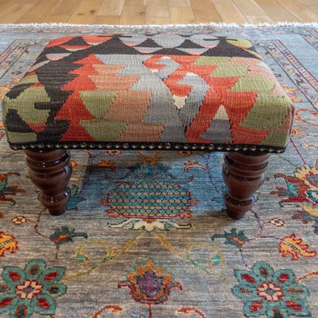 Hand-Made Anatolian Kilim Footstool From Turkey