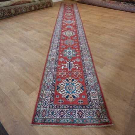 Hand-Knotted Kazak Runner From Afghanistan