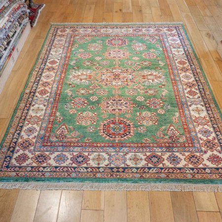 Hand-Knotted Fine Kazak Rug From Afghanistan