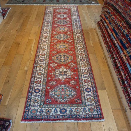 Hand-Knotted Kazak Runner From Afghanistan