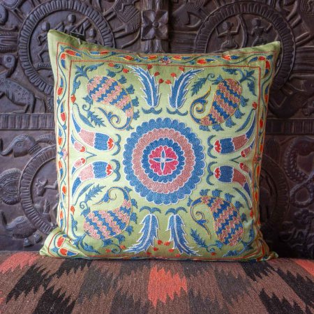 Hand-Made Sozani Silk Embroidered Cushion From Turkey
