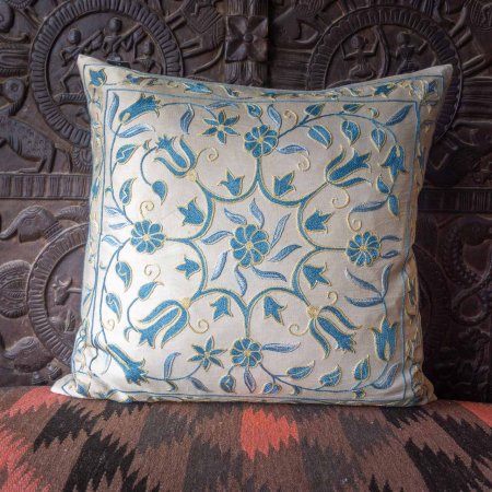 Hand-Made Sozani Silk Embroidered Cushion From Turkey