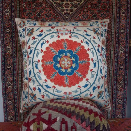Hand-Made Sozani Silk Embroidered Cushion From Turkey