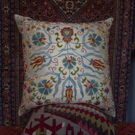 Hand-Made Sozani Silk Embroidered Cushion From Turkey
