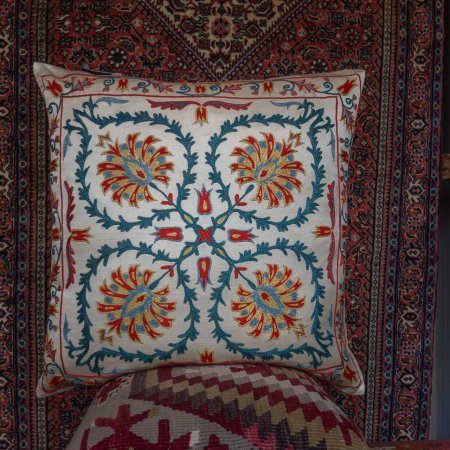 Hand-Made Sozani Silk Embroidered Cushion From Turkey
