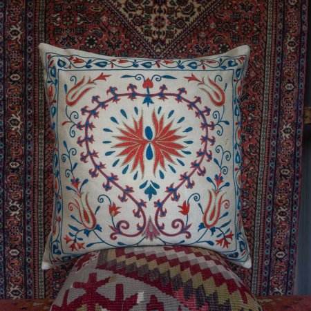 Hand-Made Sozani Silk Embroidered Cushion From Turkey