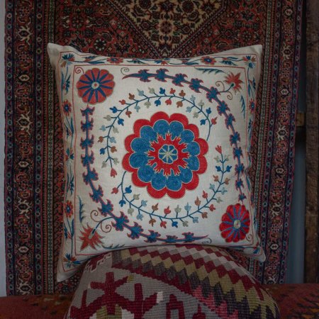 Hand-Made Sozani Silk Embroidered Cushion From Turkey